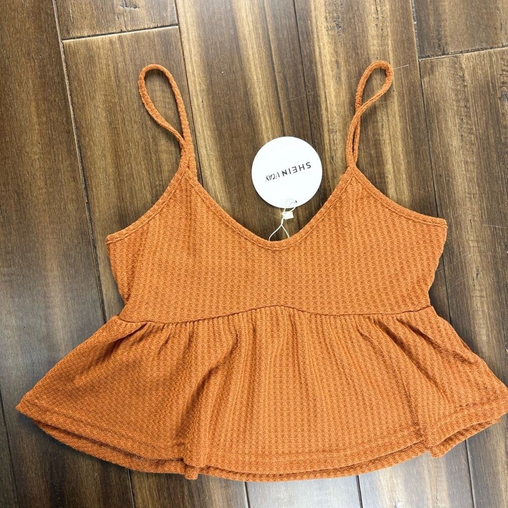 NWT Rust Orange Ribbed Crop Top, Baby Doll, Ruffle Hem Y2K Thin Straps Bella - Picture 1 of 11